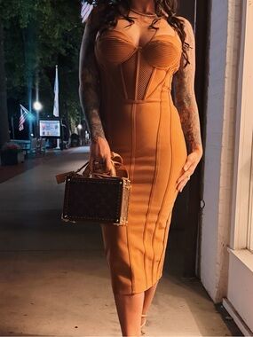 Fashion Nova Camel Tan Structured Corset Midi Dress with Gold Detailing
